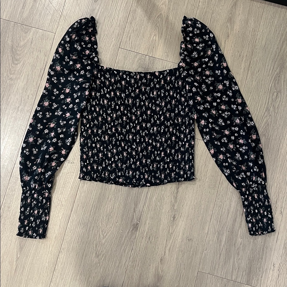 Reformation Jolene Black Floral Smocked Blouse